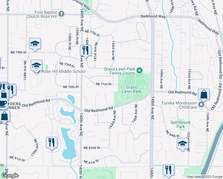 map of restaurants, bars, coffee shops, grocery stores, and more near 7010 142nd Place Northeast in Redmond