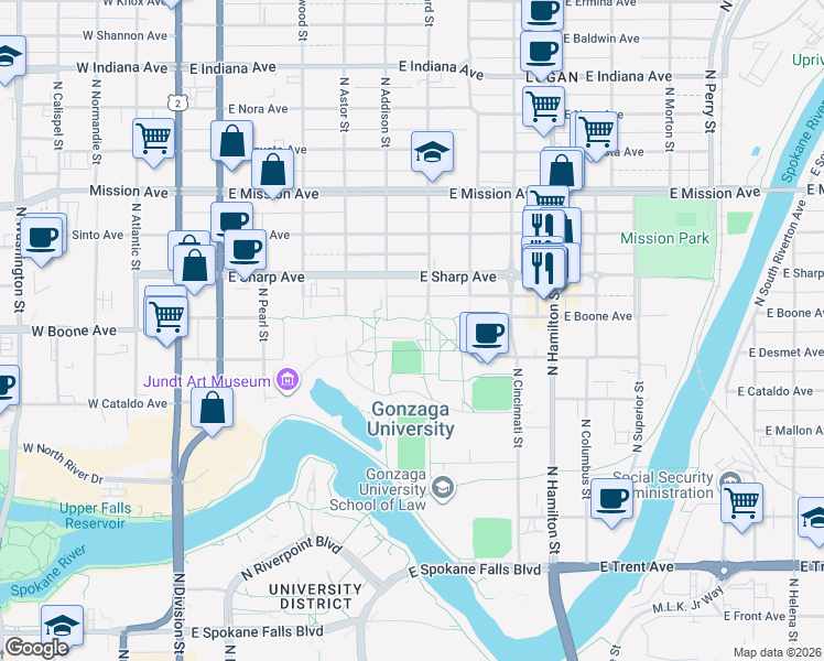 map of restaurants, bars, coffee shops, grocery stores, and more near 502 East Boone Avenue in Spokane