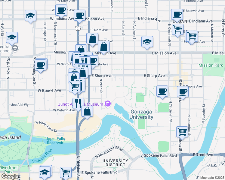 map of restaurants, bars, coffee shops, grocery stores, and more near 302 East Boone Avenue in Spokane