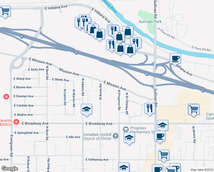 map of restaurants, bars, coffee shops, grocery stores, and more near 14913 East Mission Avenue in Spokane Valley