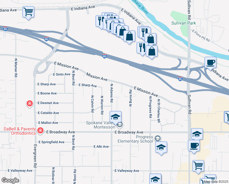 map of restaurants, bars, coffee shops, grocery stores, and more near 1216 North Adams Road in Spokane Valley