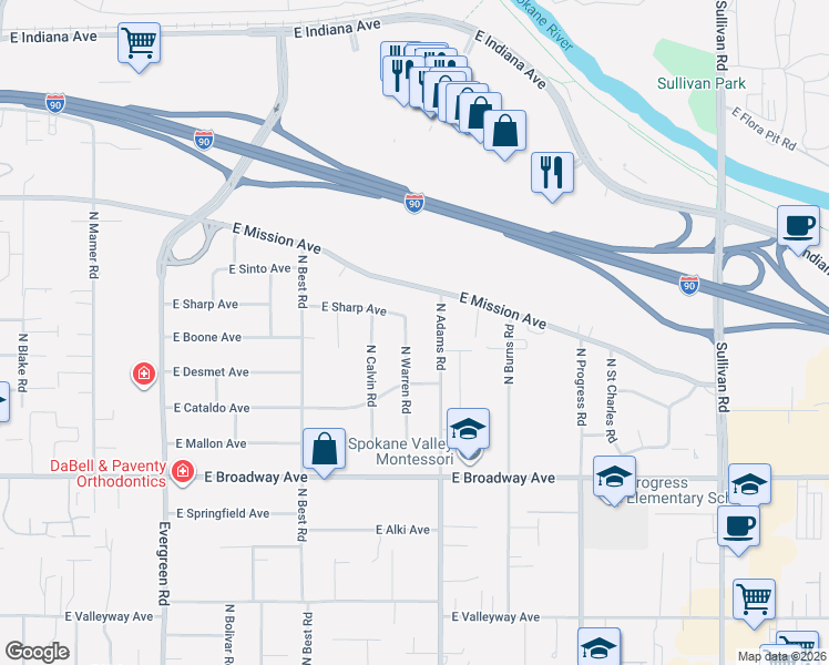 map of restaurants, bars, coffee shops, grocery stores, and more near 1218 North Warren Road in Spokane Valley
