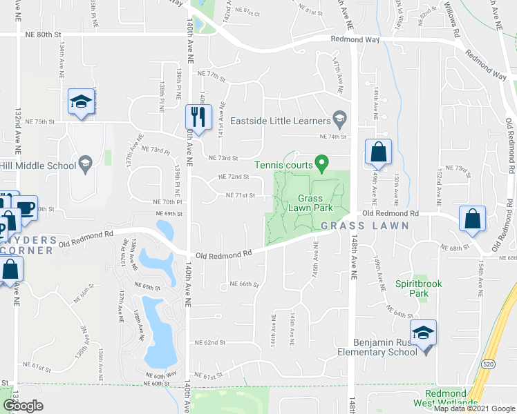 map of restaurants, bars, coffee shops, grocery stores, and more near 7010 142nd Place Northeast in Redmond