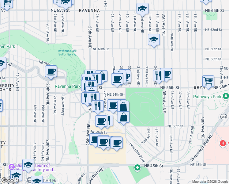 map of restaurants, bars, coffee shops, grocery stores, and more near 2817 Northeast 55th Street in Seattle