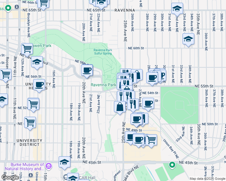 map of restaurants, bars, coffee shops, grocery stores, and more near 2303 Northeast 55th Street in Seattle