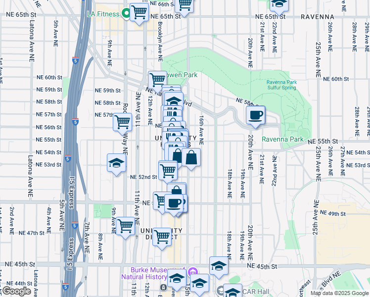 map of restaurants, bars, coffee shops, grocery stores, and more near 1505 Northeast 55th Street in Seattle