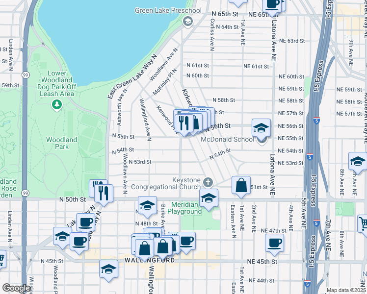 map of restaurants, bars, coffee shops, grocery stores, and more near 5415 Meridian Avenue North in Seattle