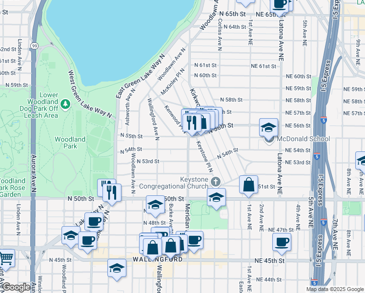 map of restaurants, bars, coffee shops, grocery stores, and more near 5415 Meridian Avenue North in Seattle