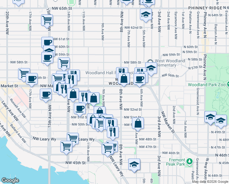 map of restaurants, bars, coffee shops, grocery stores, and more near 815 Northwest Market Street in Seattle