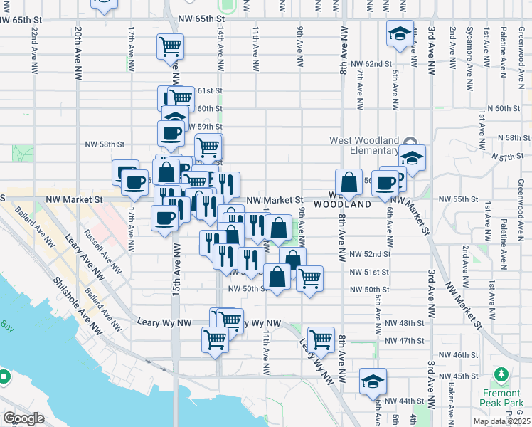 map of restaurants, bars, coffee shops, grocery stores, and more near 1115 Northwest Market Street in Seattle