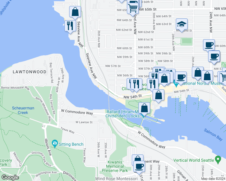 map of restaurants, bars, coffee shops, grocery stores, and more near 3409 Northwest Market Street in Seattle
