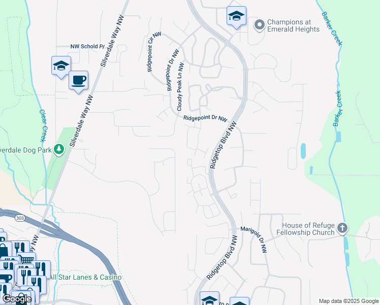 map of restaurants, bars, coffee shops, grocery stores, and more near 1612 Seasons Lane Northwest in Silverdale