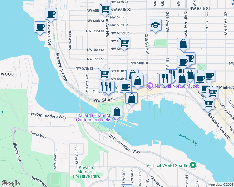 map of restaurants, bars, coffee shops, grocery stores, and more near 3025 Northwest Market Street in Seattle