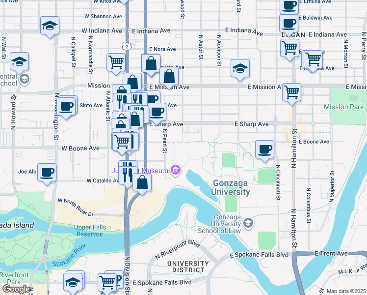 map of restaurants, bars, coffee shops, grocery stores, and more near 302 East Boone Avenue in Spokane