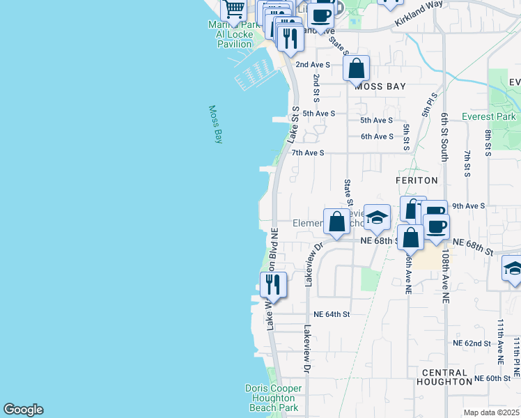 map of restaurants, bars, coffee shops, grocery stores, and more near 905 Lake Street South in Kirkland