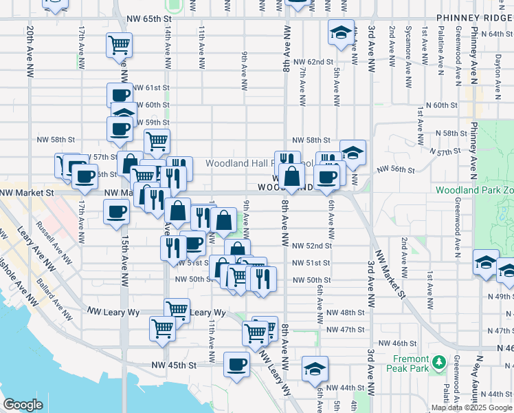 map of restaurants, bars, coffee shops, grocery stores, and more near 849 Northwest Market Street in Seattle