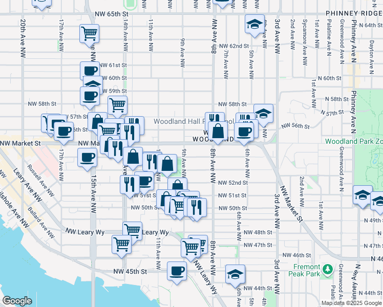 map of restaurants, bars, coffee shops, grocery stores, and more near 849 Northwest Market Street in Seattle