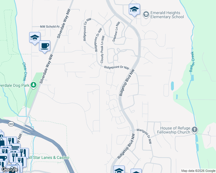 map of restaurants, bars, coffee shops, grocery stores, and more near 1612 Seasons Lane Northwest in Silverdale