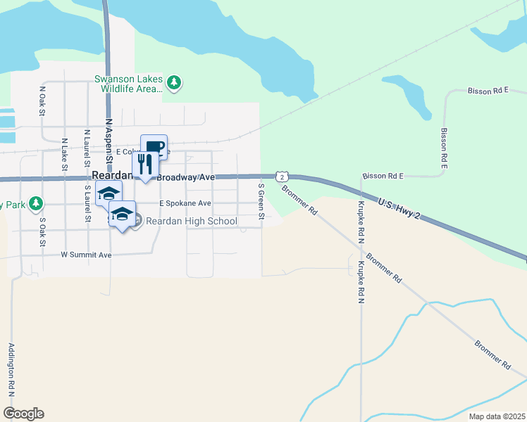 map of restaurants, bars, coffee shops, grocery stores, and more near 203 South Green Street in Reardan