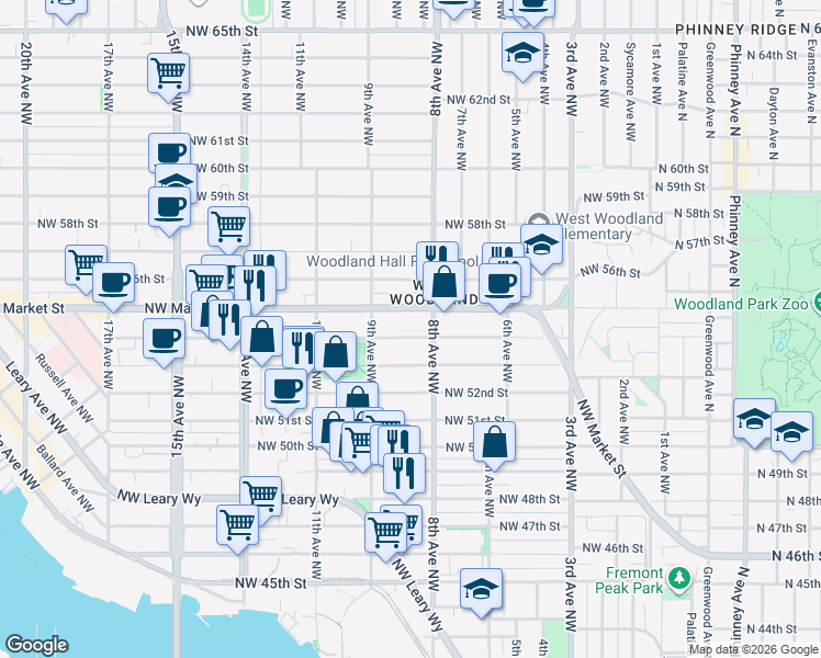 map of restaurants, bars, coffee shops, grocery stores, and more near 815 Northwest Market Street in Seattle