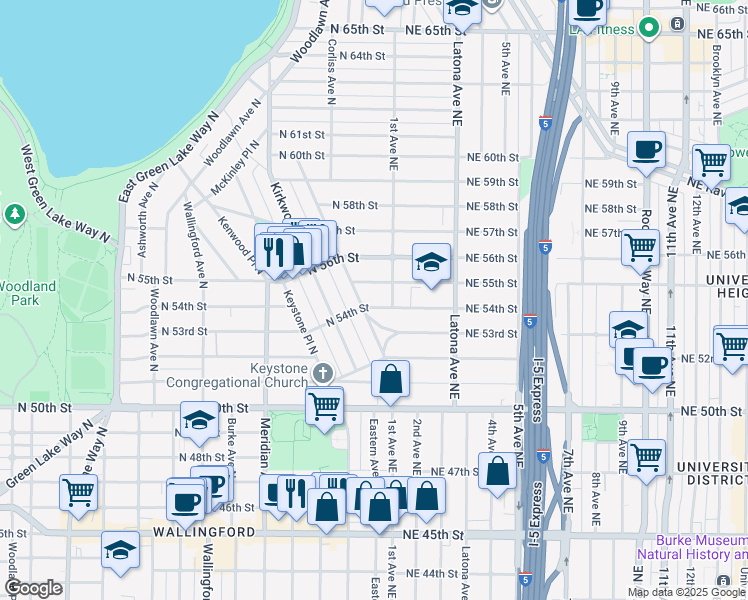 map of restaurants, bars, coffee shops, grocery stores, and more near 2311 North 55th Street in Seattle