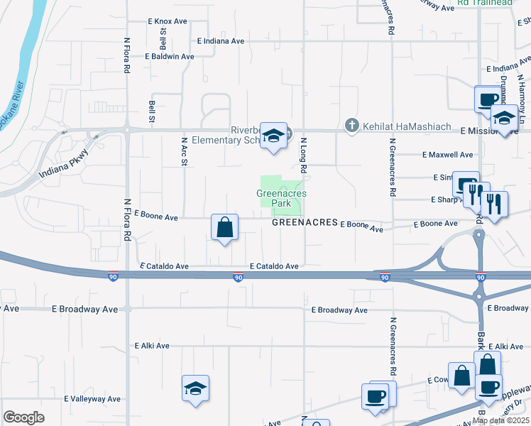 map of restaurants, bars, coffee shops, grocery stores, and more near 17705 East Boone Avenue in Spokane Valley