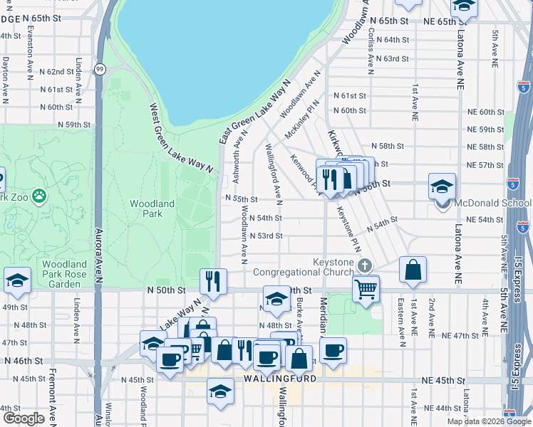 map of restaurants, bars, coffee shops, grocery stores, and more near 1626 North 54th Street in Seattle