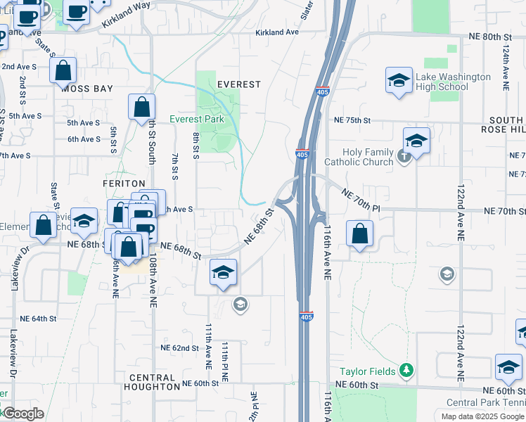 map of restaurants, bars, coffee shops, grocery stores, and more near 11232 Northeast 68th Street in Kirkland