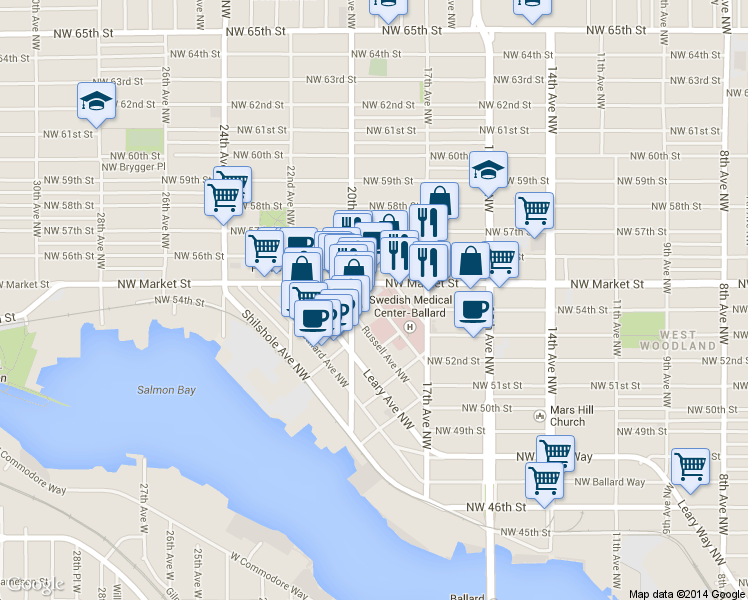 map of restaurants, bars, coffee shops, grocery stores, and more near 5345 Tallman Ave NW in Seattle