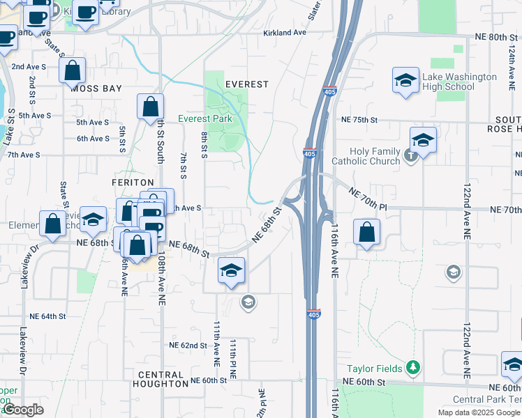 map of restaurants, bars, coffee shops, grocery stores, and more near 11232 Northeast 68th Street in Kirkland