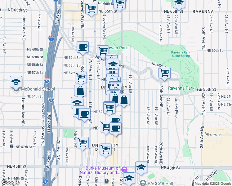 map of restaurants, bars, coffee shops, grocery stores, and more near 5260 University Way in Seattle