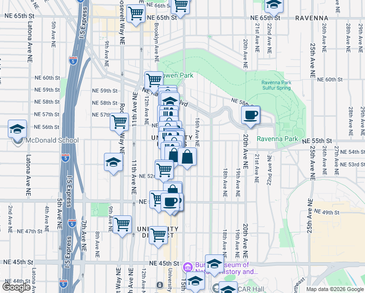 map of restaurants, bars, coffee shops, grocery stores, and more near 1505 Northeast 55th Street in Seattle