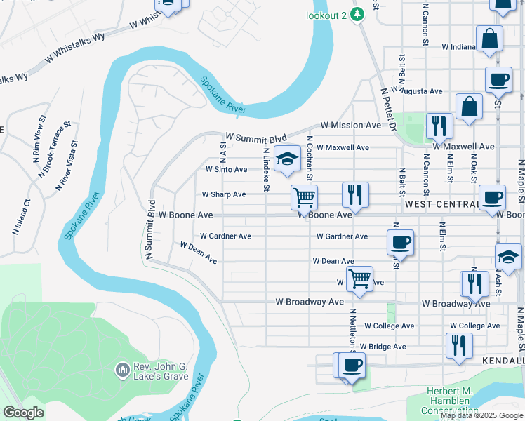 map of restaurants, bars, coffee shops, grocery stores, and more near 1201 North Lindeke Street in Spokane