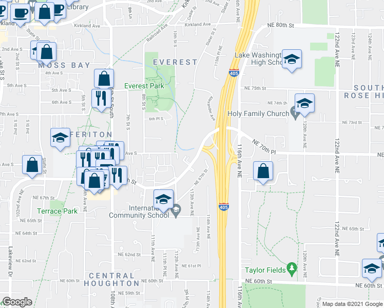 map of restaurants, bars, coffee shops, grocery stores, and more near 11232 Northeast 68th Street in Kirkland