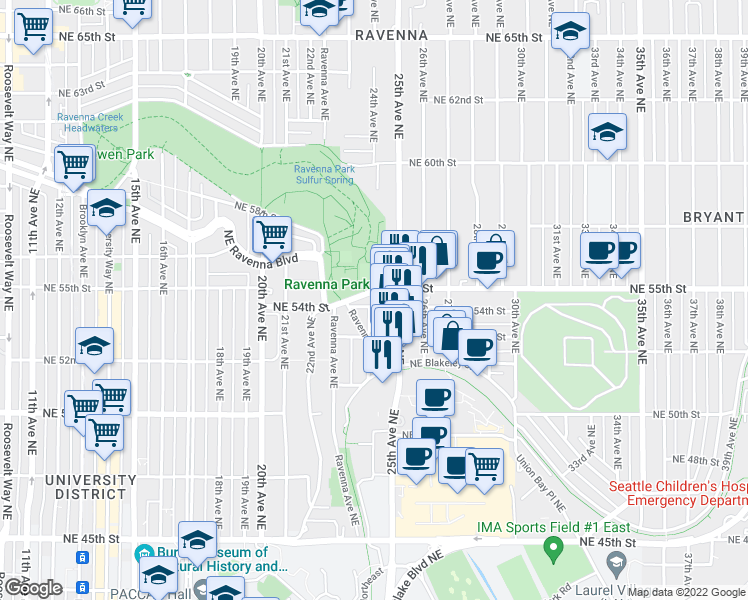 map of restaurants, bars, coffee shops, grocery stores, and more near in Seattle