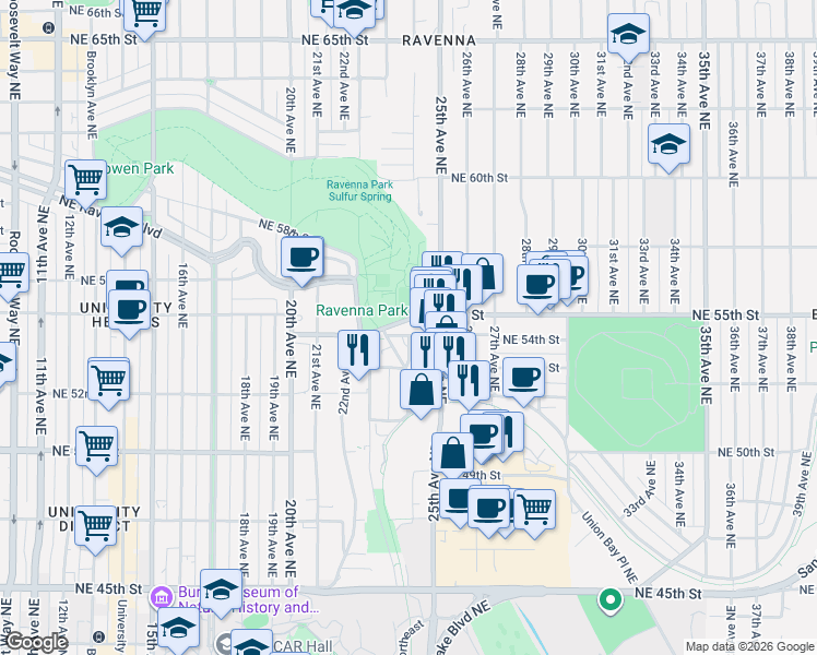 map of restaurants, bars, coffee shops, grocery stores, and more near 2303 Northeast 55th Street in Seattle