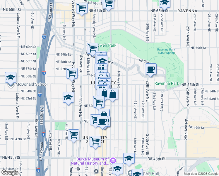 map of restaurants, bars, coffee shops, grocery stores, and more near 1505 Northeast 55th Street in Seattle