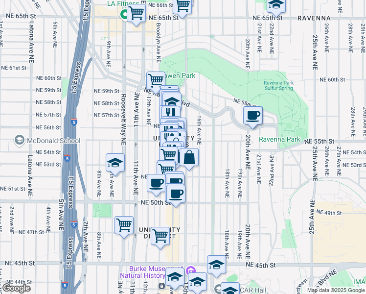 map of restaurants, bars, coffee shops, grocery stores, and more near 1505 Northeast 55th Street in Seattle