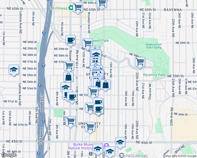 map of restaurants, bars, coffee shops, grocery stores, and more near 5240 University Way Northeast in Seattle