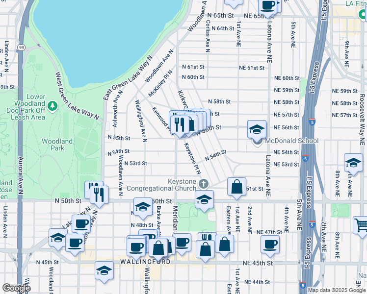 map of restaurants, bars, coffee shops, grocery stores, and more near 5410 Keystone Place North in Seattle