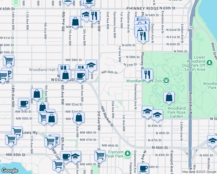 map of restaurants, bars, coffee shops, grocery stores, and more near 146 Northwest 54th Street in Seattle