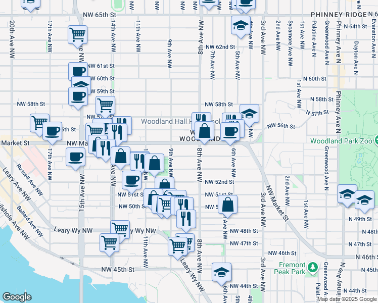 map of restaurants, bars, coffee shops, grocery stores, and more near 815 Northwest Market Street in Seattle