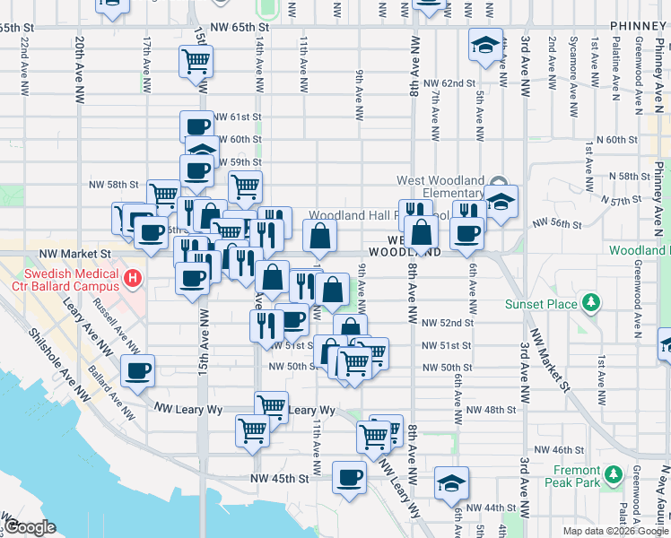 map of restaurants, bars, coffee shops, grocery stores, and more near 929 Northwest Market Street in Seattle