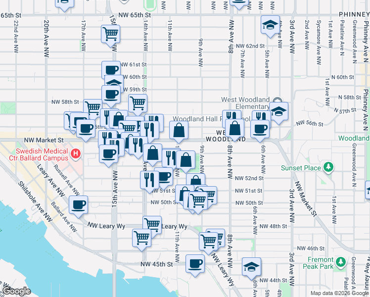 map of restaurants, bars, coffee shops, grocery stores, and more near 929 Northwest Market Street in Seattle