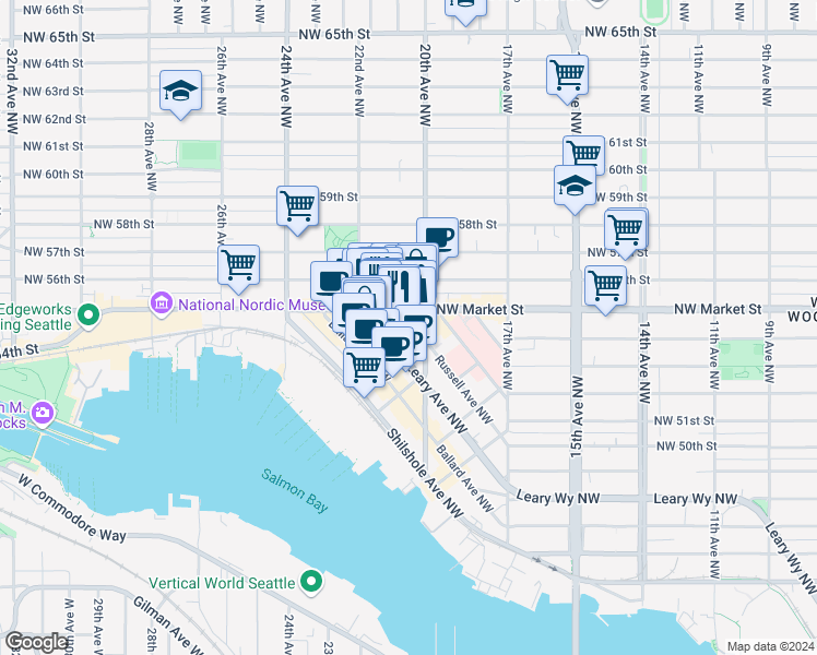 map of restaurants, bars, coffee shops, grocery stores, and more near 2017 Northwest Market Street in Seattle