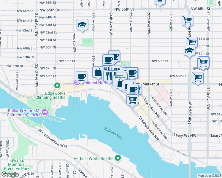 map of restaurants, bars, coffee shops, grocery stores, and more near 2401 Northwest Market Street in Seattle