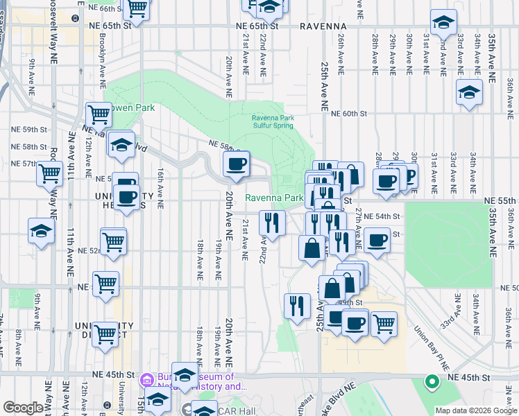 map of restaurants, bars, coffee shops, grocery stores, and more near 5411 Ravenna Avenue Northeast in Seattle