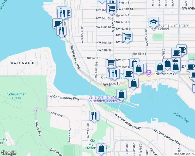 map of restaurants, bars, coffee shops, grocery stores, and more near 3409 Northwest Market Street in Seattle