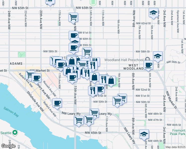 map of restaurants, bars, coffee shops, grocery stores, and more near 5400 14th Avenue Northwest in Seattle