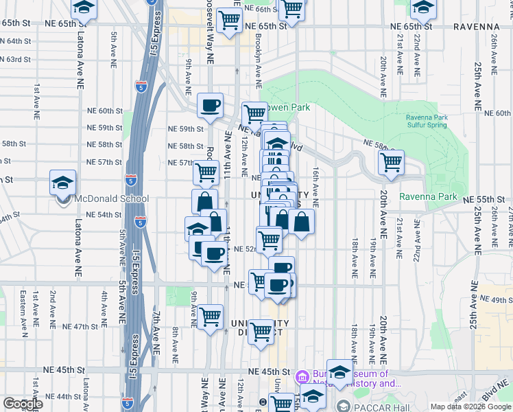 map of restaurants, bars, coffee shops, grocery stores, and more near in Seattle